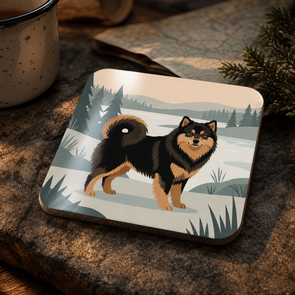 Finnish Lapphund Nordic Lakeside Illustration Cork-Back Coaster Finnish Lapphund cork-back coaster