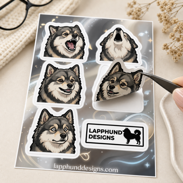 Individual peel detail of the Finnish Lapphund Talking Faces Sticker Sheet – Howls, Smiles & Vocal Expressions Finnish Lapphund sticker sheet