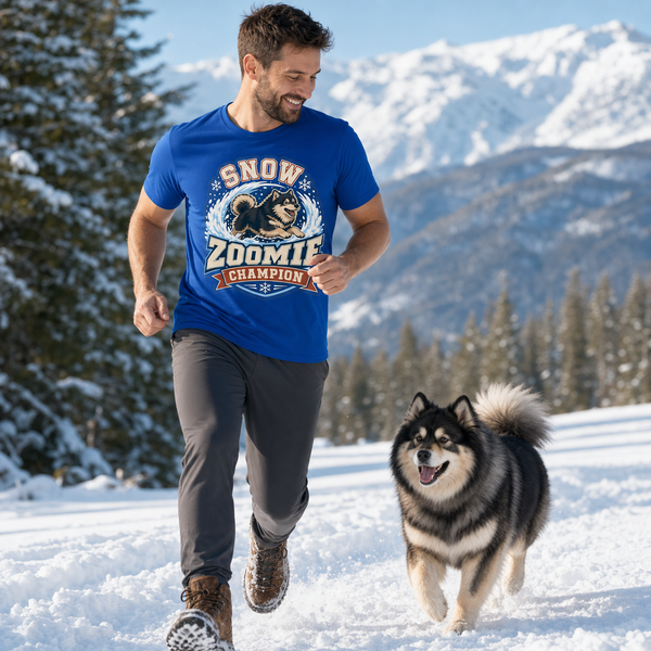 Finnish Lapphund Snow Zoomie Champion T-Shirt Finnish Lapphund t-shirt worn, lifestyle photo