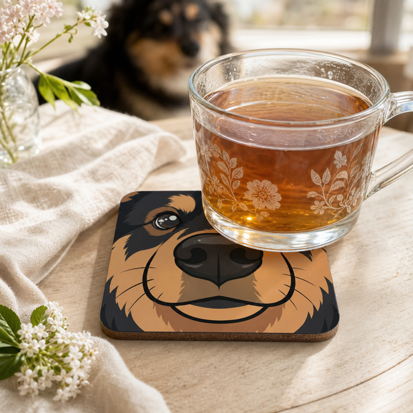 Finnish Lapphund Black and Brown Face Cork-Back Coaster Finnish Lapphund cork-back coaster in use on a table