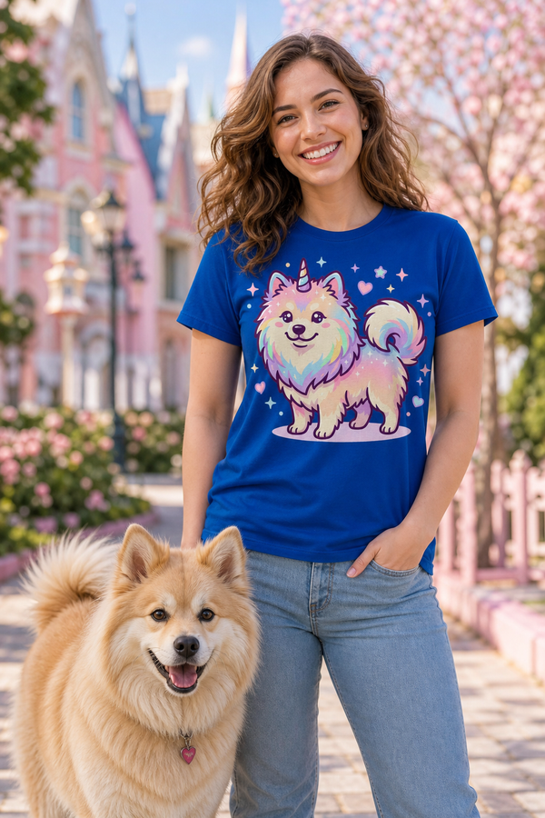 Finnish Lapphund Unicorn Sparkle Magic Fantasy Graphic T-Shirt Finnish Lapphund t-shirt worn, lifestyle photo