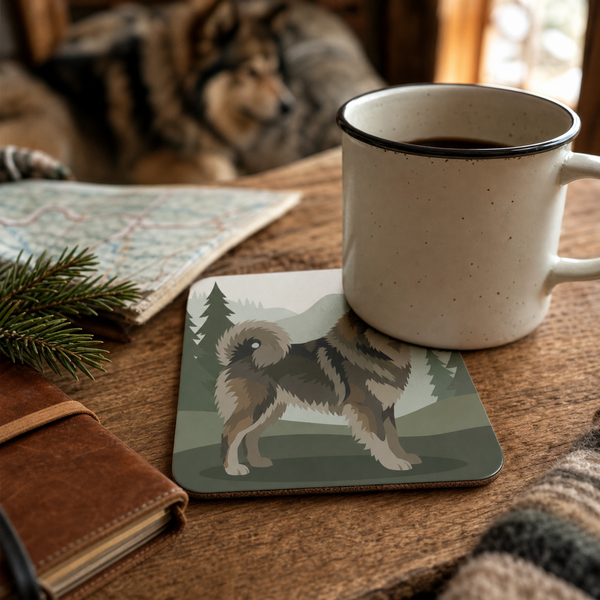Finnish Lapphund Nordic Forest Profile Illustration Cork-Back Coaster Finnish Lapphund cork-back coaster in use on a table