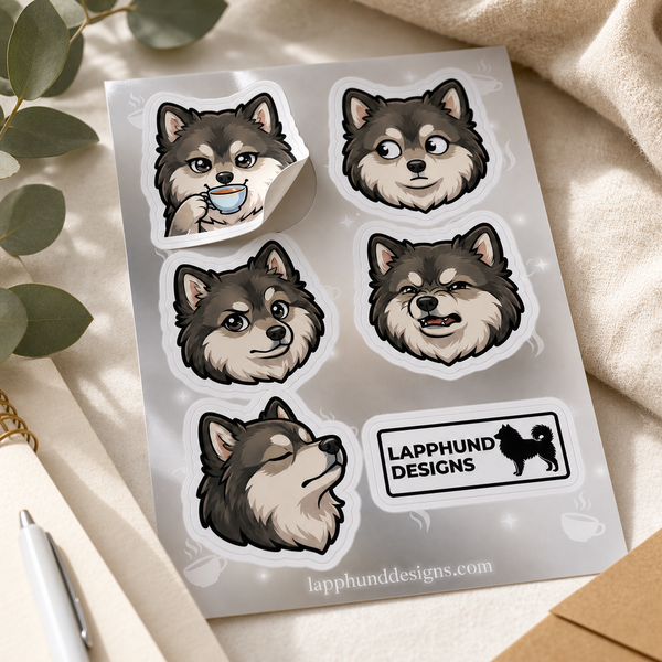Finnish Lapphund Everyday Expressions Sticker Sheet – Coffee, Smiles & Calm Moods Finnish Lapphund t-shirt worn, lifestyle photo