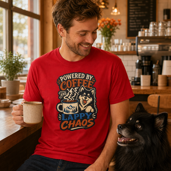 Finnish Lapphund Powered By Coffee And Lappy Chaos T-Shirt Finnish Lapphund t-shirt worn, lifestyle photo