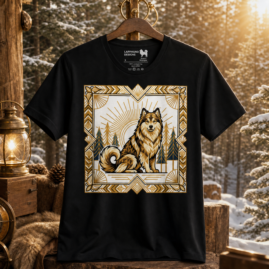 Finnish Lapphund Art Deco Wilderness Sunburst Illustration T-Shirt Finnish Lapphund t-shirt
