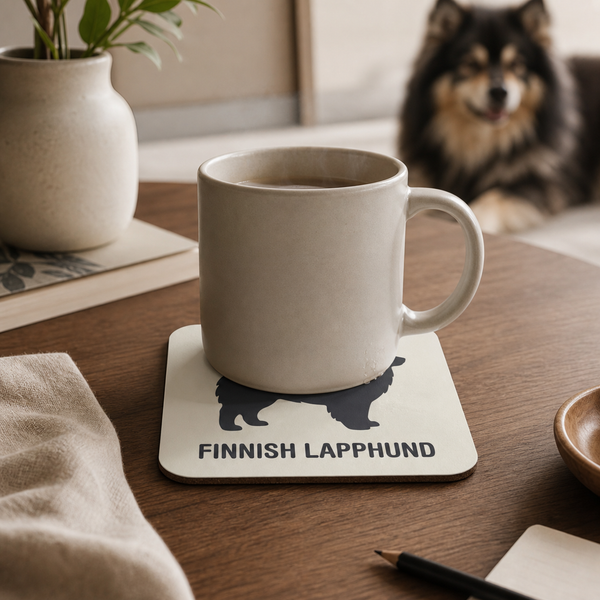 Finnish Lapphund Classic Silhouette Cork-Back Coaster Finnish Lapphund cork-back coaster in use on a table