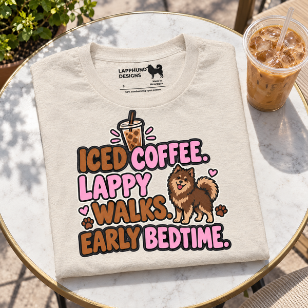 Finnish Lapphund Iced Coffee, Lappy Walks, Early Bedtime T-Shirt Finnish Lapphund t-shirt