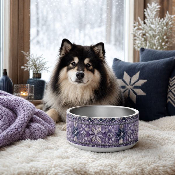 Lilac Frost Knit Finnish Lapphund 32oz dog bowl in a cozy home setting