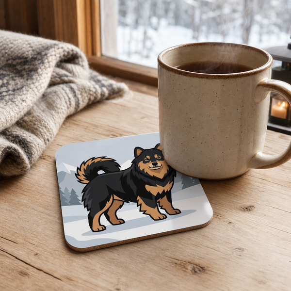 Finnish Lapphund Snowy Mountain Illustration Cork-Back Coaster Finnish Lapphund cork-back coaster in use on a table