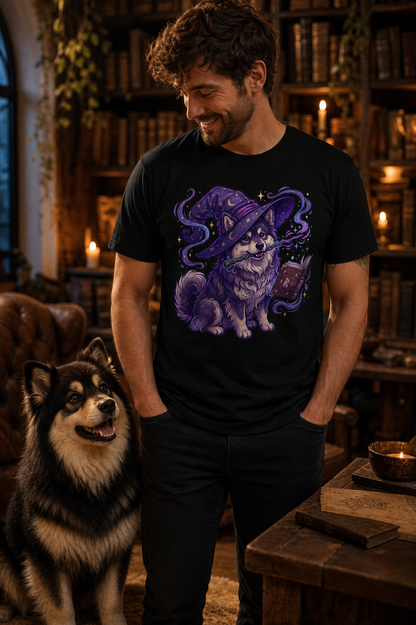 Finnish Lapphund Wizard Spellbook Fantasy Illustration T-Shirt Finnish Lapphund t-shirt worn, lifestyle photo