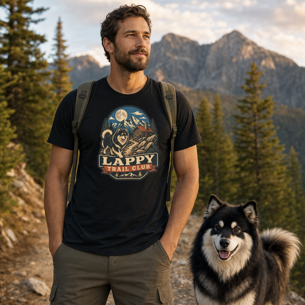 Finnish Lapphund Lappy Trail Club T-Shirt Finnish Lapphund t-shirt worn, lifestyle photo