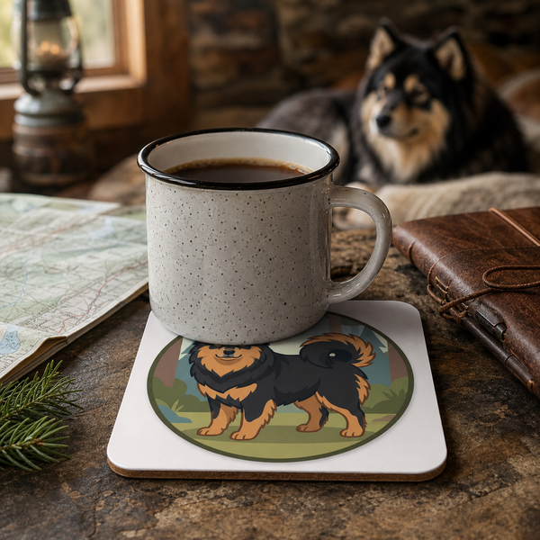 Finnish Lapphund Black and Tan Standing Badge Cork-Back Coaster Finnish Lapphund cork-back coaster in use on a table