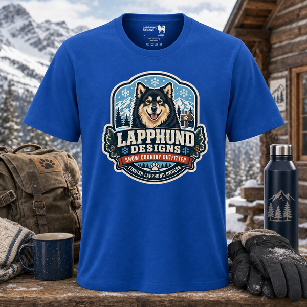 Finnish Lapphund Snow Country Outfitter Badge T-Shirt Finnish Lapphund t-shirt