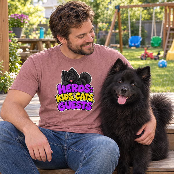 Finnish Lapphund Herds Kids, Cats and Guests T-Shirt Finnish Lapphund t-shirt worn, lifestyle photo