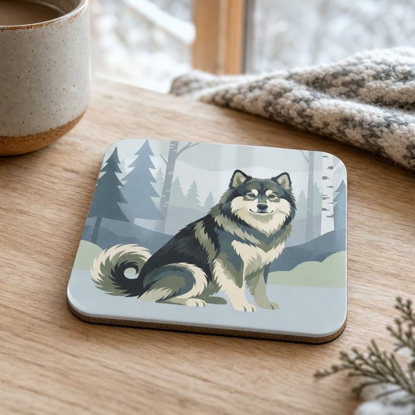 Finnish Lapphund Nordic Forest Illustration Cork-Back Coaster Finnish Lapphund cork-back coaster
