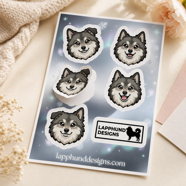 Finnish Lapphund Gentle Smiles Sticker Sheet β Soft Puppy Faces & Sweet Everyday Expressions Finnish Lapphund t-shirt worn, lifestyle photo