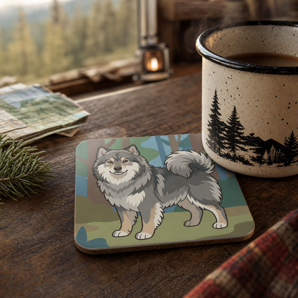 Finnish Lapphund Gray Forest Illustration Cork-Back Coaster Finnish Lapphund cork-back coaster in use on a table