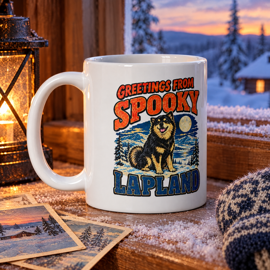 Finnish Lapphund Greetings from Spooky Lapland Halloween Mug Finnish Lapphund ceramic mug