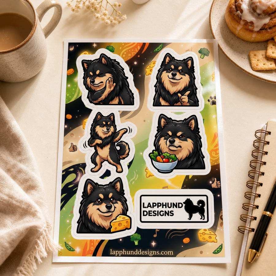 Finnish Lapphund Foodie Fun Sticker Sheet – Snacks, Smiles & Satisfied Expressions Finnish Lapphund sticker sheet