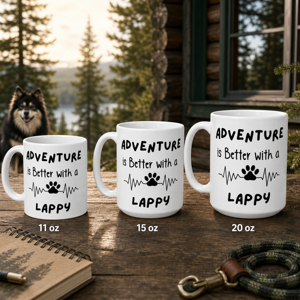 Finnish Lapphund Mug Adventure Better Lappy Dog Lover Gift Finnish Lapphund mug size lineup, 11oz 15oz and 20oz