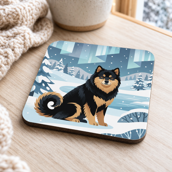Finnish Lapphund Northern Lights Winter Illustration Cork-Back Coaster Finnish Lapphund cork-back coaster