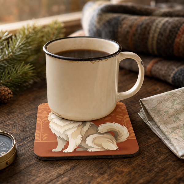Finnish Lapphund Cream Coat Heritage Illustration Cork-Back Coaster Finnish Lapphund cork-back coaster in use on a table