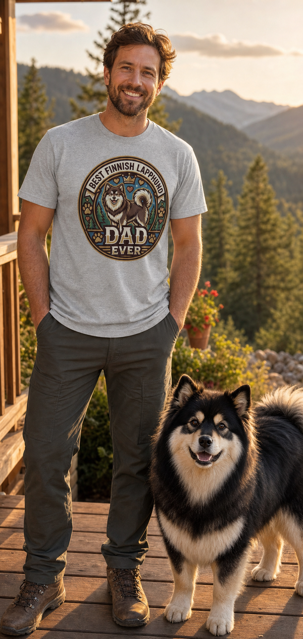 Best Finnish Lapphund Dad Ever Tee Finnish Lapphund t-shirt worn, lifestyle photo