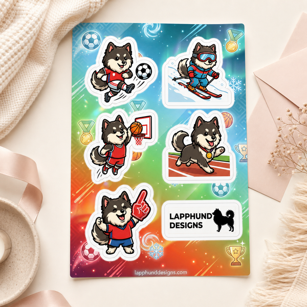 Finnish Lapphund Sports & Athletics Sticker Sheet – Soccer, Basketball & Skiing Finnish Lapphund sticker sheet