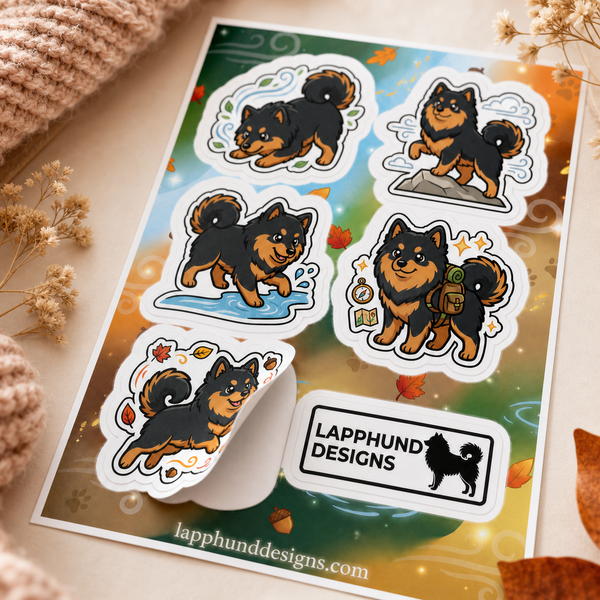 Finnish Lapphund Autumn Trail Sticker Sheet β Fall Hikes, Leaf Play & Outdoor Adventure Finnish Lapphund t-shirt worn, lifestyle photo