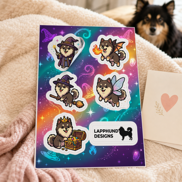 Individual peel detail of the Finnish Lapphund Fantasy Magic Sticker Sheet – Wizard, Fairy & Dragon Designs Finnish Lapphund sticker sheet
