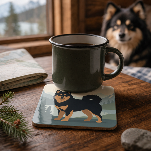 Finnish Lapphund Nordic Wilderness Illustration Cork-Back Coaster Finnish Lapphund cork-back coaster in use on a table