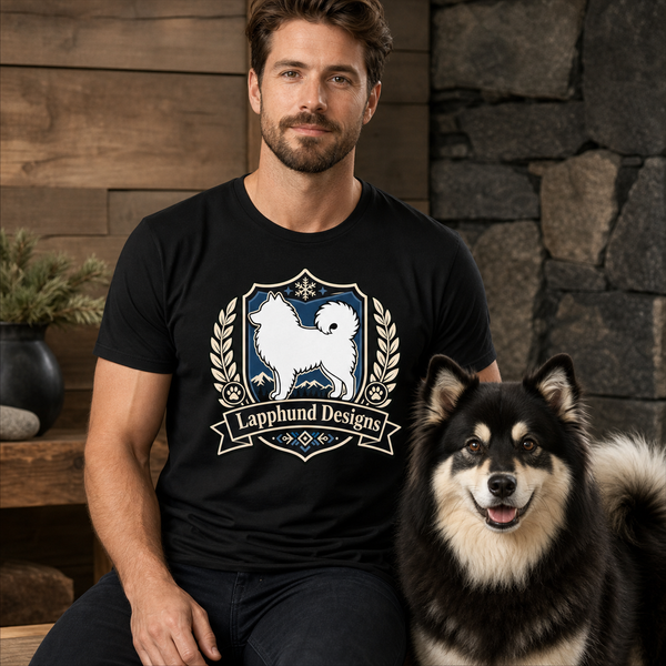 Finnish Lapphund Heraldic Crest T-Shirt Finnish Lapphund t-shirt worn, lifestyle photo