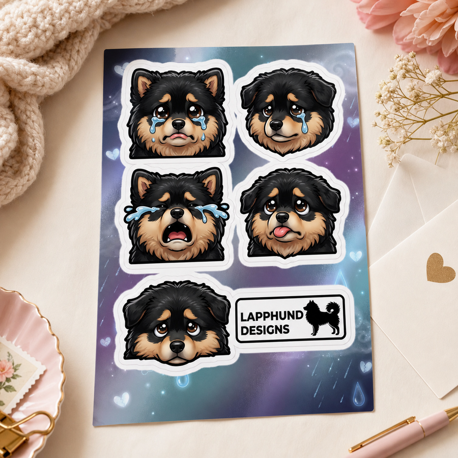 Finnish Lapphund Sad Expressions Sticker Sheet – Teary Eyes, Comfort Moments & Emotional Faces Finnish Lapphund sticker sheet