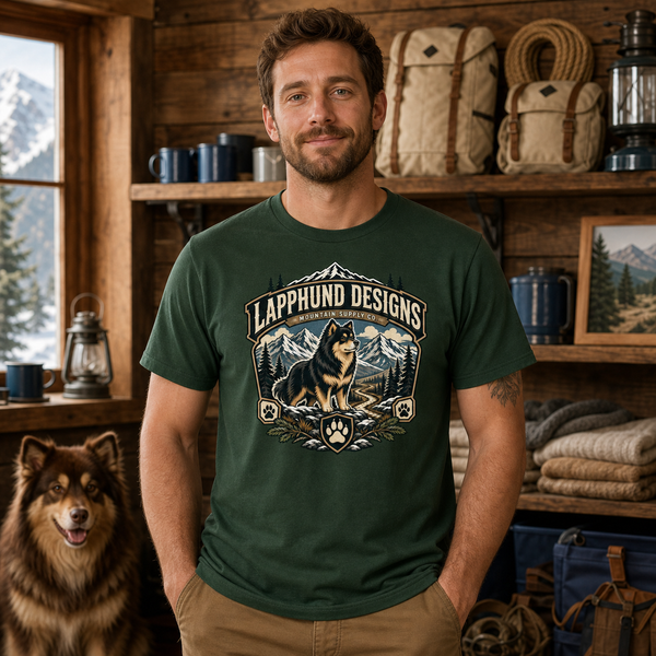 Finnish Lapphund Mountain Supply Co. T-Shirt Finnish Lapphund t-shirt worn, lifestyle photo