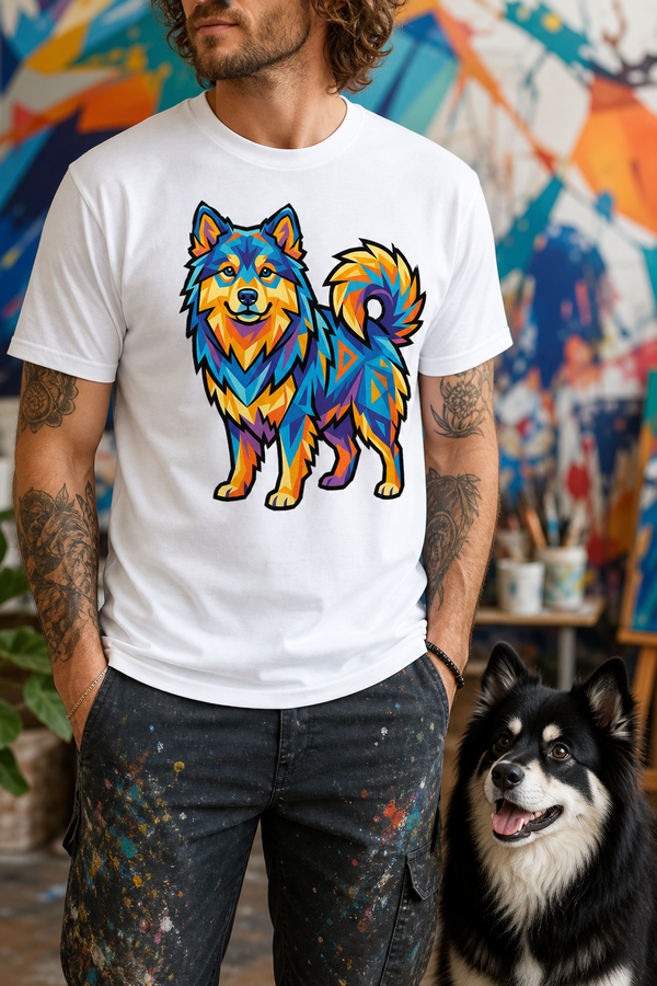 Finnish Lapphund Vibrant Geometric Color Pop Illustration T-Shirt Finnish Lapphund t-shirt worn, lifestyle photo