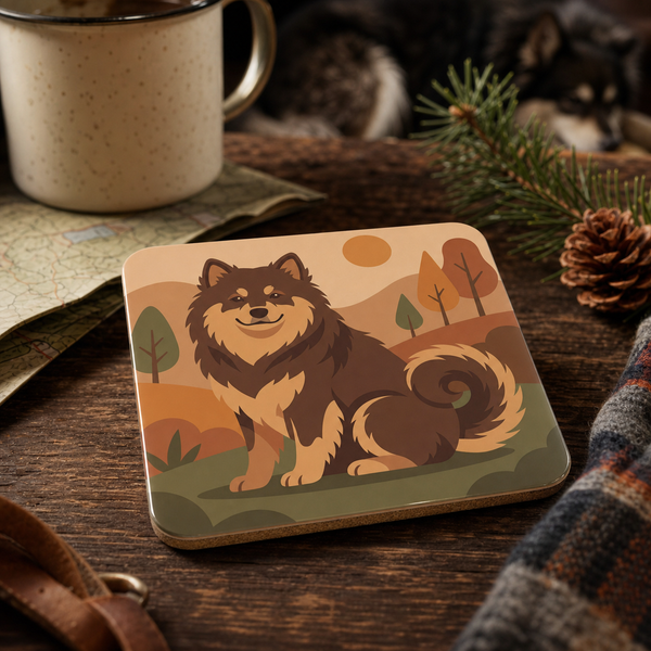 Finnish Lapphund Autumn Landscape Illustration Cork-Back Coaster Finnish Lapphund cork-back coaster
