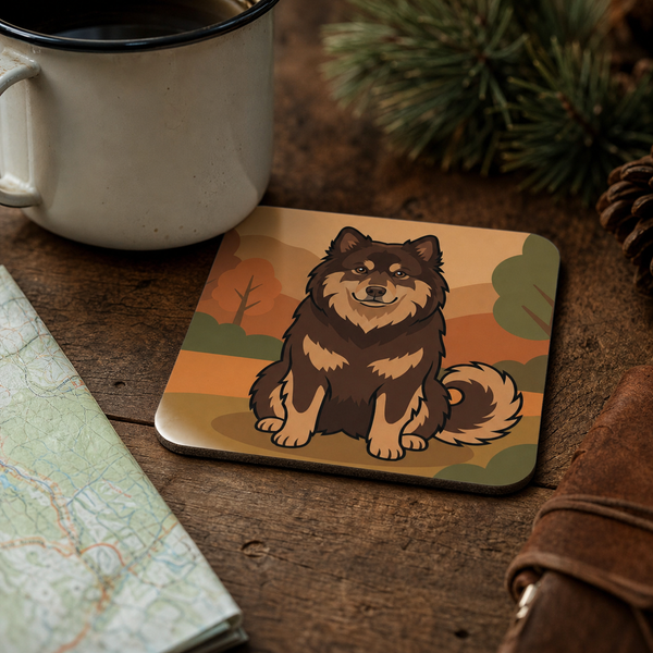 Finnish Lapphund Autumn Portrait Illustration Cork-Back Coaster Finnish Lapphund cork-back coaster in use on a table