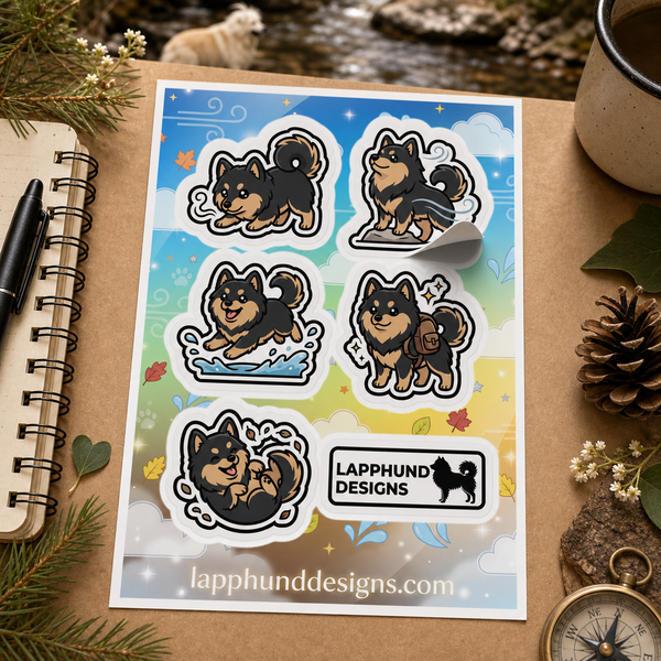 Individual peel detail of the Finnish Lapphund All-Season Trail Sticker Sheet β Windy Paths, Creek Walks & Outdoor Adventure Finnish Lapphund sticker sheet