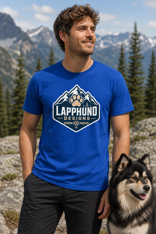 Finnish Lapphund Mountain Paw Logo T-Shirt Finnish Lapphund t-shirt worn, lifestyle photo