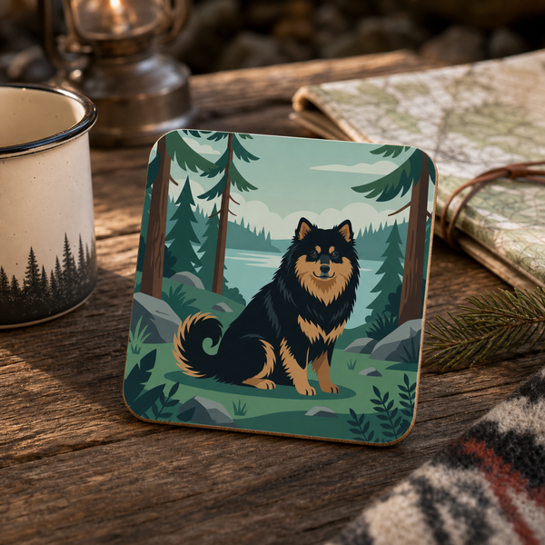 Finnish Lapphund Forest Lake Illustration Cork-Back Coaster Finnish Lapphund cork-back coaster