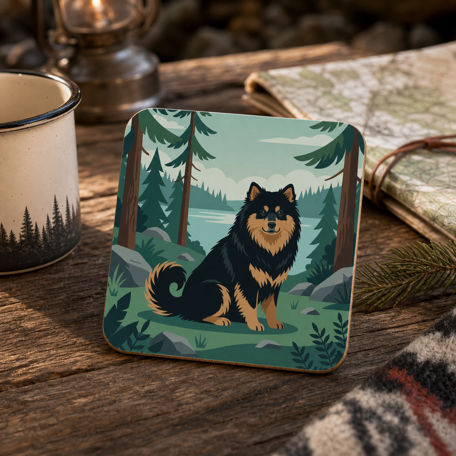 Finnish Lapphund Forest Lake Illustration Cork-Back Coaster Finnish Lapphund cork-back coaster