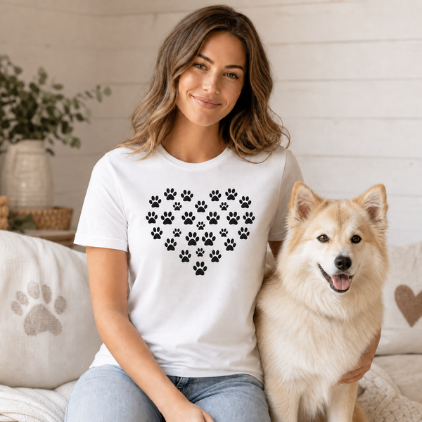Paw Print Heart Finnish Lapphund T-Shirt for Dog Lovers Finnish Lapphund t-shirt worn, lifestyle photo