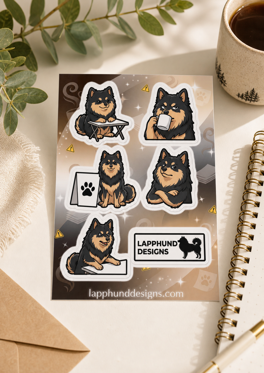 Finnish Lapphund Cozy Routine Sticker Sheet – Coffee Breaks, Calm Workdays & Relaxed Poses Finnish Lapphund sticker sheet