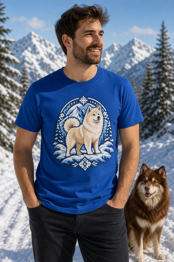 Finnish Lapphund Winter Summit T-Shirt Finnish Lapphund t-shirt worn, lifestyle photo