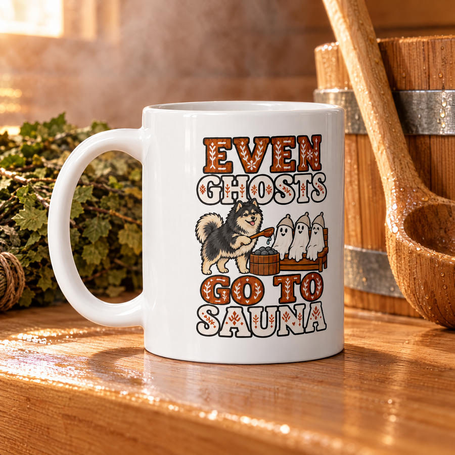 Finnish Lapphund Even Ghosts Go to Sauna Halloween Mug Finnish Lapphund ceramic mug
