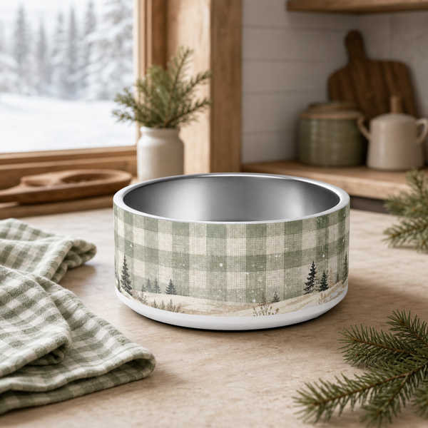 Sage Gingham Snowfield Finnish Lapphund 32oz dog bowl