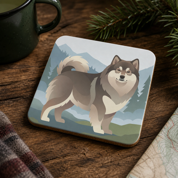Finnish Lapphund Alpine Mountain Illustration Cork-Back Coaster Finnish Lapphund cork-back coaster