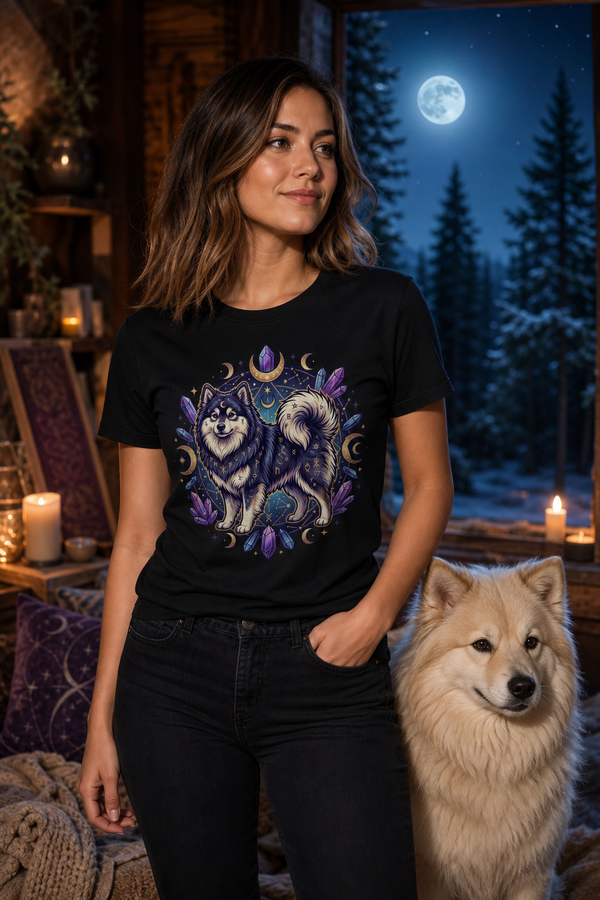 Finnish Lapphund Celestial Moon & Crystal Magic T-Shirt Finnish Lapphund t-shirt worn, lifestyle photo