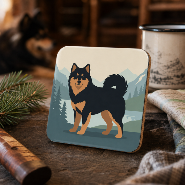 Finnish Lapphund Nordic Wilderness Illustration Cork-Back Coaster Finnish Lapphund cork-back coaster