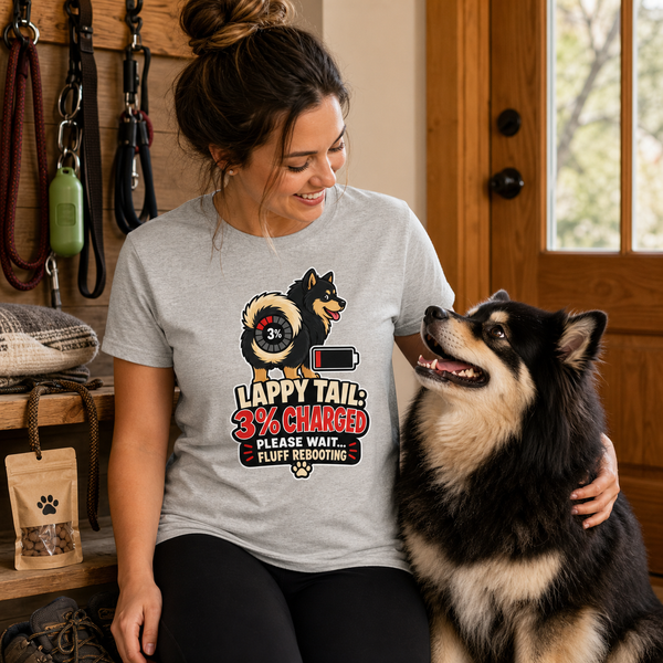 Finnish Lapphund Lappy Tail 3% Charged T-Shirt Finnish Lapphund t-shirt worn, lifestyle photo